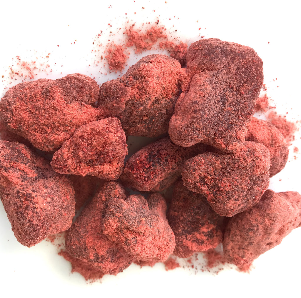 Sweet dried strawberries coated with “Hawaiian” sweet, tangy spices. Giving it that local kick in the flavor.   Ingredients: Strawberries, sugar, sulfur dioxide, Li hing powder (plum, sugar, salt, saccharine, licorice, red #40, citric acid)