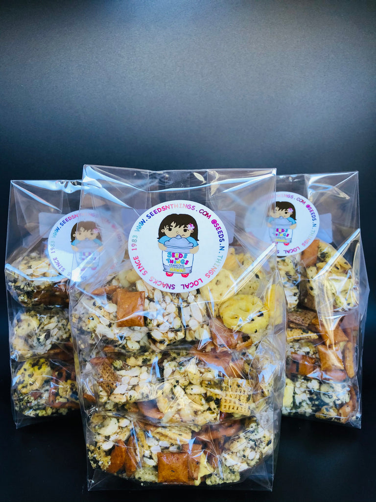 Freshly made in Hawaii. If you love furikake, this rice puff snack is for you. Our Okoshi (rice puff with peanuts) mixture is crunchy, buttery, sweet and salty all in one with buttered Chex mix and tomoe mix arare rice crackers.